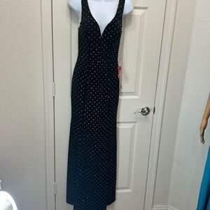 CRYSTAL DOLL Dress Sz 7 Black Velvet Diamond Studded VNeck Sleeveless Maxi